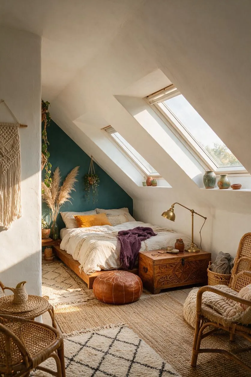 A cozy attic guest bedroom with sloped white ceilings, two skylight windows, and a deep teal accent wall behind a low wooden bed. The room includes layered neutral bedding, mustard and purple accents, woven rattan chairs, a leather pouf, carved wood storage, hanging plants, and textured rugs in warm natural tones.