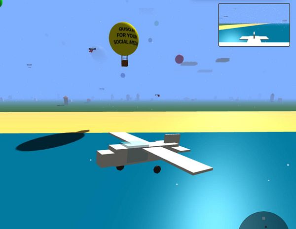 A colorful, blocky 3D scene featuring a small airplane flying over a stylized landscape with a hot air balloon advertising Quso.ai.
