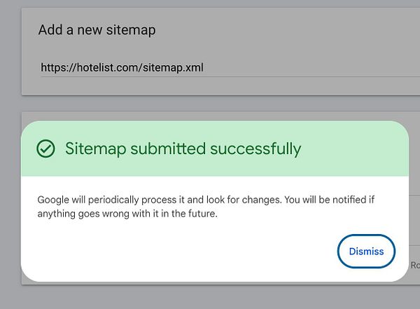 Screenshot of Google Search Console's Sitemaps section displaying the sitemap index file for the hotelist website.