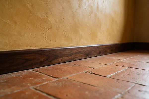 A close-up view of a Mediterranean-style interior showing worn terracotta floor tiles meeting a warm ochre plaster wall. A dark wood baseboard runs along the wall, highlighting the natural textures and earthy color palette.