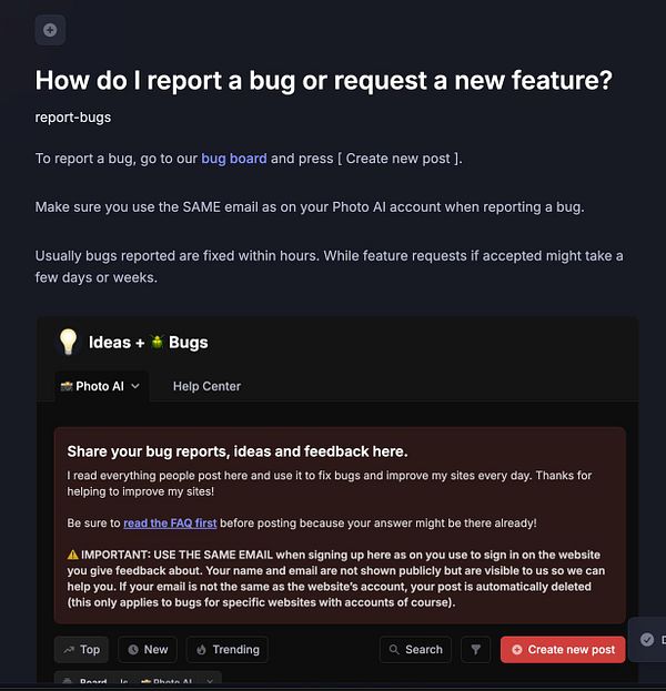 The image displays a user interface for reporting bugs and requesting new features on a platform called Photo AI.