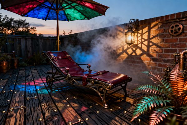 At dusk, a steampunk patio showcases an oxblood leather chaise with brass buckles and a scrollwork cast‑iron base on a weathered wood deck dotted with rivets. A multicolored translucent umbrella and an antique brass lantern cast red, blue, and green light across a brick wall with gear details, while copper pipes, a light steam effect, and fern planters create a moody industrial atmosphere.