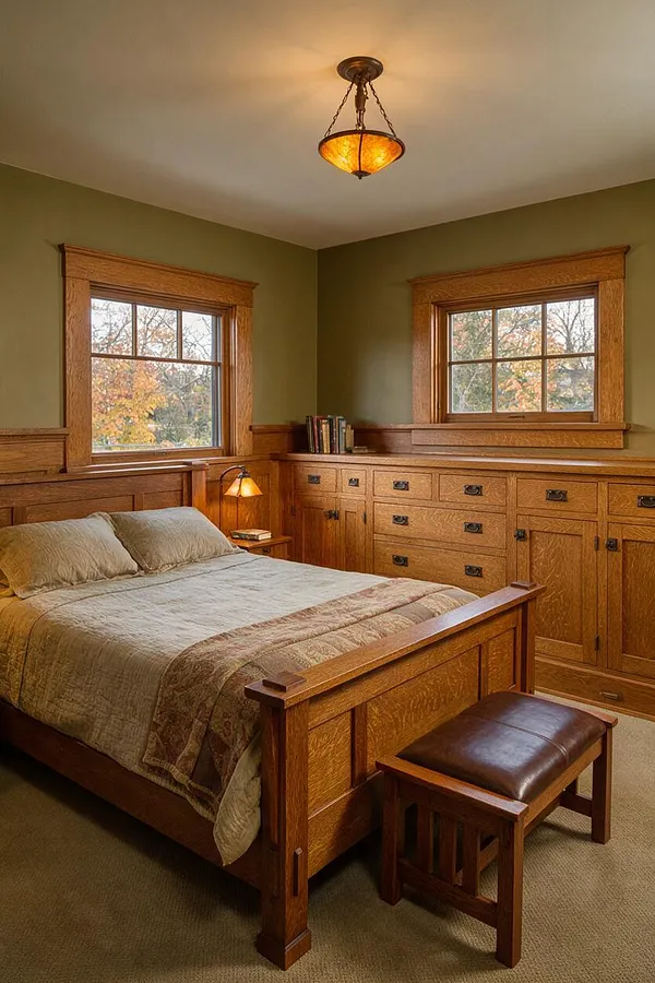 A Craftsman-style bedroom with a wooden bed, matching built-in dresser and cabinets along the wall, and two windows framed in rich wood trim. The room has olive green walls, a warm pendant light on the ceiling, beige carpeting, and a small upholstered bench at the foot of the bed.