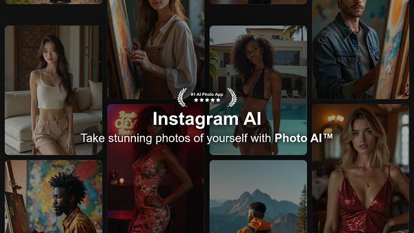 A promotional image for Instagram AI featuring a collage of diverse individuals taking photos.