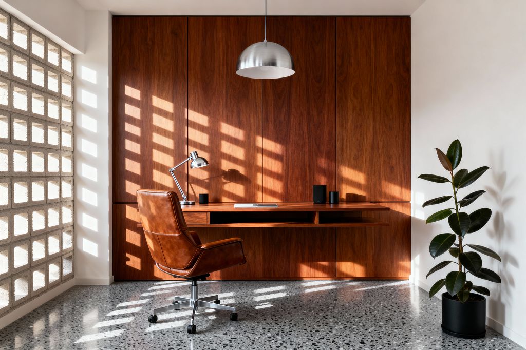 A mid-century modern home office with a wall of walnut paneling and a matching floating desk holds a cognac leather swivel chair on a chrome base, lit by a brushed metal dome pendant and a chrome task lamp. Sunlight filters through a concrete breeze-block screen, casting grid shadows across the wood, while gray terrazzo flooring, crisp white walls, a rubber plant in a black pot, and minimal black accessories complete the scene.