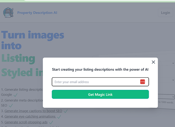 A modal window prompts users to enter their email address to start creating property listing descriptions using AI.