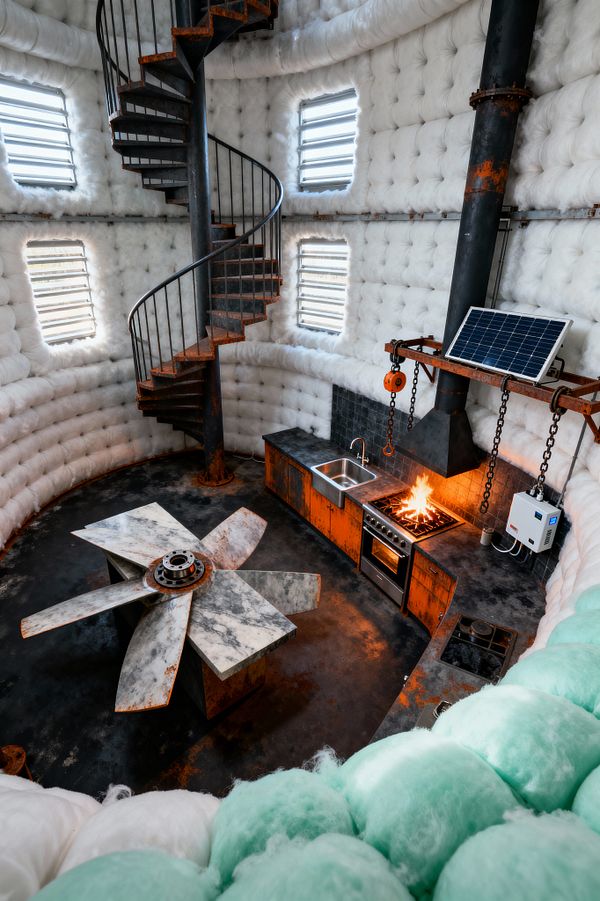 A cylindrical, bunker-like kitchen lined with tufted white insulation features a rusted metal spiral staircase and small louvered windows. Along the curved wall, oxidized steel cabinets, a dark countertop, stainless sink, and range sit beneath a chain-suspended hood and a mounted solar panel with control box. At center, a table made from a salvaged fan hub with marble blades rests on a scorched concrete floor, lit by the stove’s open flame and soft daylight.