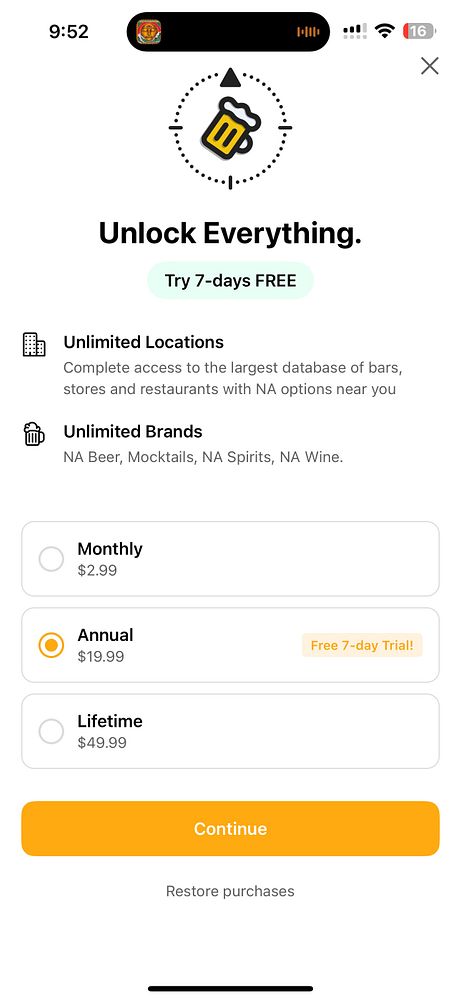 The image displays a subscription options screen for an app offering in-app purchases.