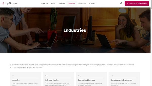 User interface design concept of a web page showcasing various industry categories with icons and navigation elements.