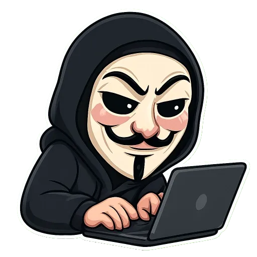 A cartoon character in a hoodie is working on a laptop.