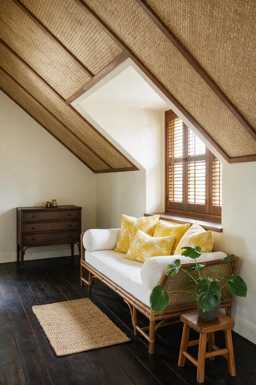 A tropical-style guest bedroom with a sloped ceiling finished in woven natural fiber panels and wood trim. The room includes a rattan daybed with white cushions and yellow patterned pillows, dark wood floors, a small woven rug, a wooden chest of drawers, and a potted green plant beside the bed.