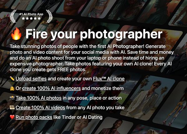 The image promotes an AI photography app with various features for creating and monetizing AI-generated content.