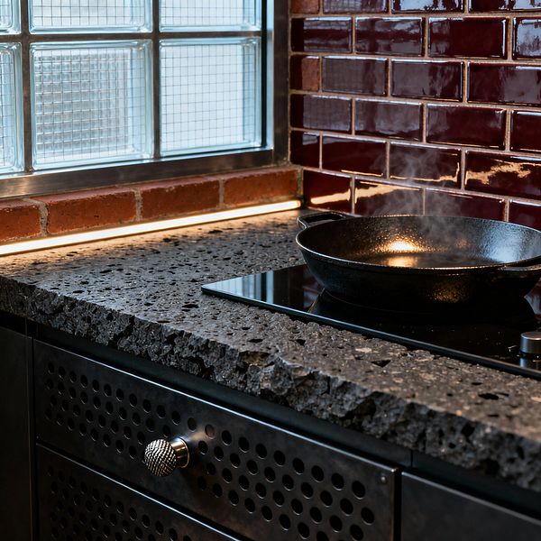 A close-up of an industrial kitchen shows a rough-edged black lava stone countertop over perforated black metal drawers with a knurled silver knob. A black glass induction cooktop holds a steaming cast-iron skillet, backed by glossy oxblood subway tiles with dark grout, while a glass-block window with metal trim and a strip of exposed red brick are lit by a warm LED strip along the backsplash.