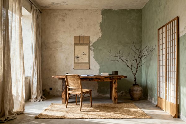 A serene home office with a heavy reclaimed-wood desk centered on a woven jute rug and paired with a simple rattan chair. Weathered plaster walls in warm beige blend into a sage-green section, with a bamboo ink scroll hanging above; a shoji screen stands to the right and a large earthenware pot holds a bare branch, while gauzy linen curtains filter daylight across a smooth concrete floor with a few books and a ceramic cup on the desk.