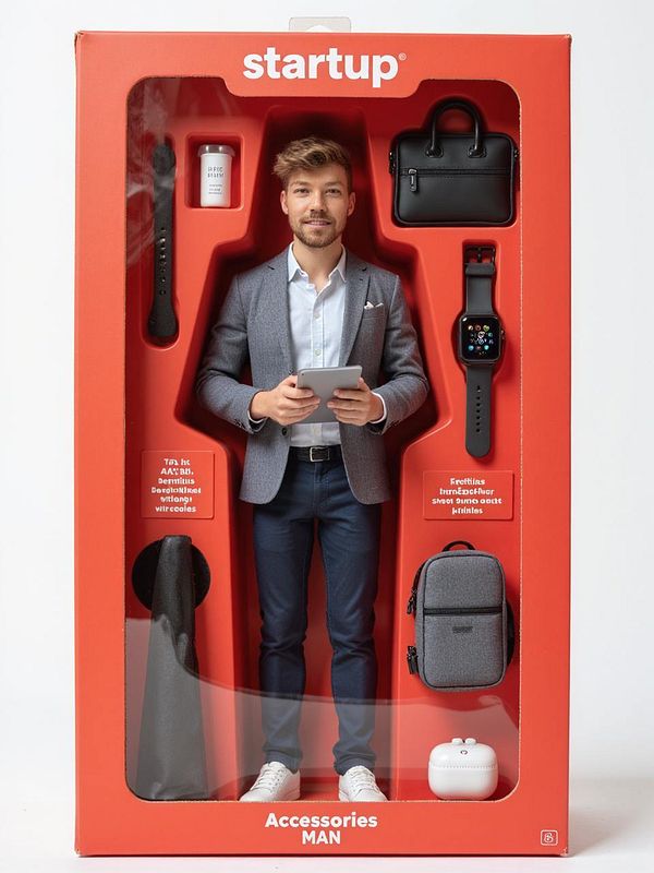 A boxed action figure of a man dressed in business casual attire, surrounded by various accessories.