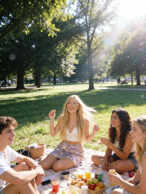 A group of four young adults enjoys a picnic in a sunlit park.