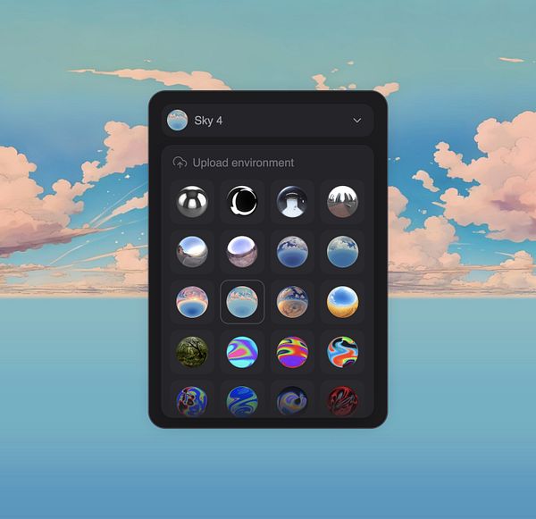 The image features a user interface for selecting skybox presets against a backdrop of a colorful sky.