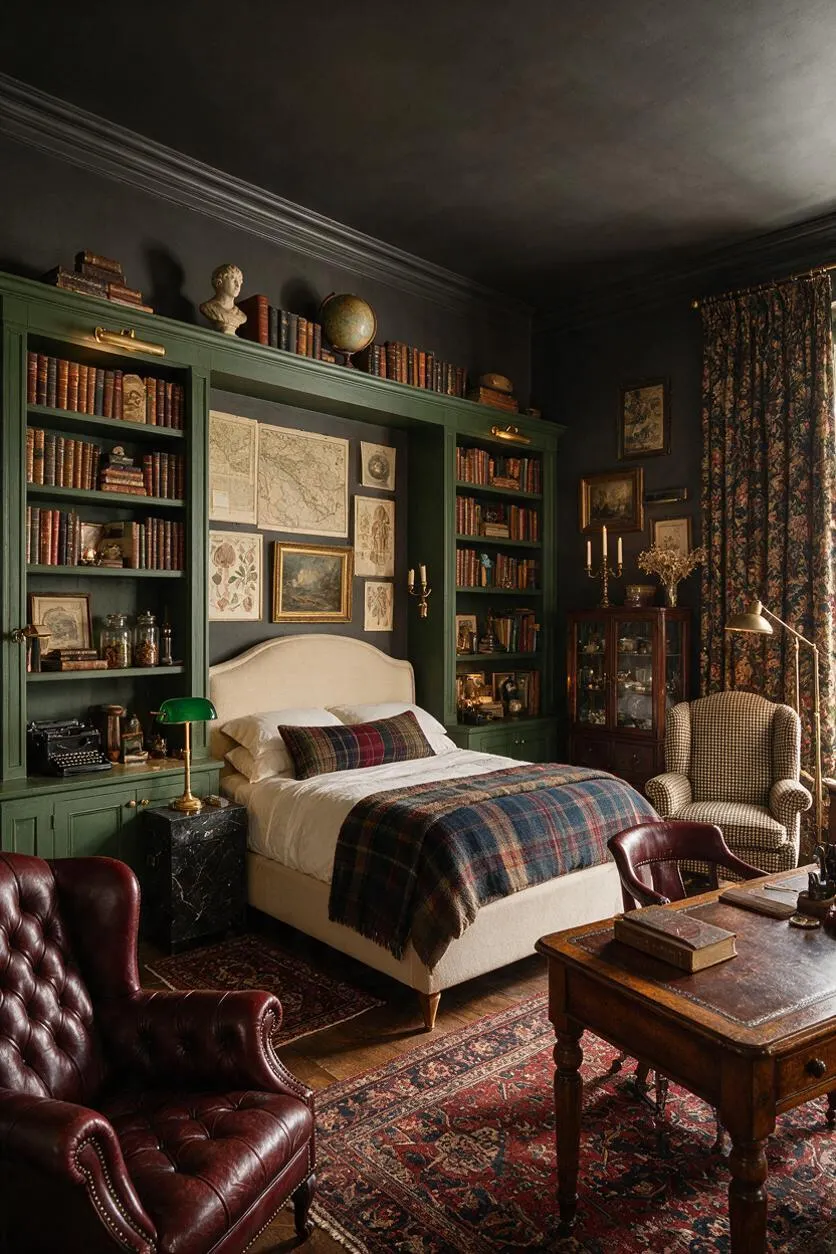 A richly decorated kids' room in a dark academia style with deep green built-in bookcases surrounding a cream upholstered bed. The room includes plaid textiles, vintage-style art, a leather armchair, a patterned rug, and warm brass lighting for a scholarly, cozy atmosphere.