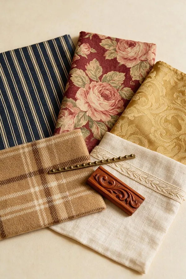 A flat lay of five traditional upholstery fabric swatches arranged in a fan shape on a light background. The selection includes navy pinstripes, burgundy floral brocade, gold damask, tan plaid wool, and cream embroidered linen, with brass and carved wood trim samples placed on top.