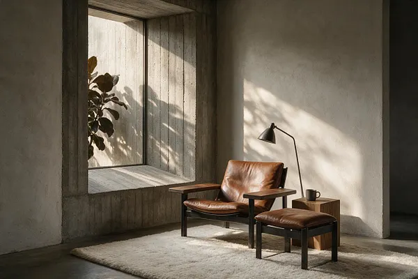 A sparse Brutalist lounge vignette with a sculptural concrete window opening, a brown leather armchair and matching ottoman, a slim black floor lamp, and a small wood side table on a cream shag rug. Warm sunlight casts soft shadows across the textured walls and floor.