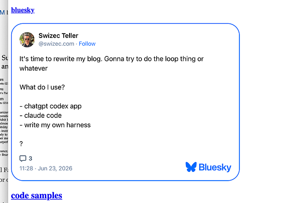 A screenshot of a social media post on Bluesky with embedded links to blog articles.