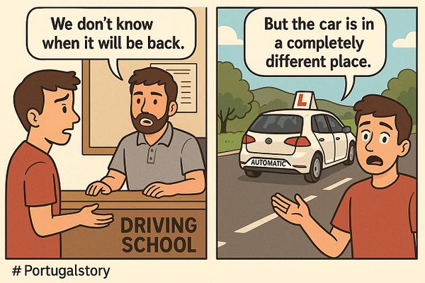A humorous comic strip depicting a conversation at a driving school about the unavailability of an automatic car for driving lessons.