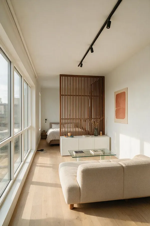 A bright modern studio apartment with large windows along one wall, a beige sofa in the foreground, a clear glass coffee table, and a white storage cabinet separating the living area from the bed. A warm wood slat partition, light oak flooring, black track lighting, and a soft abstract wall print complete the calm, minimalist space.