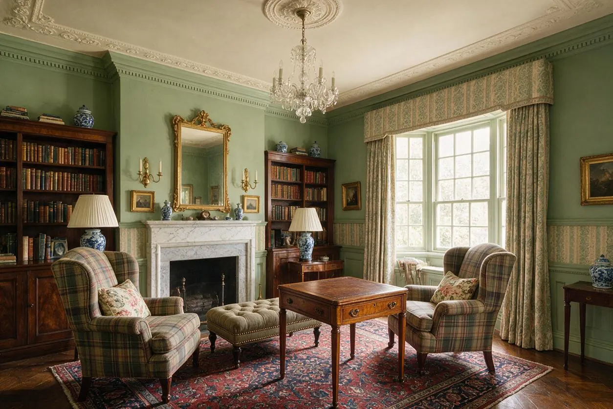 A traditional game room with sage green walls, a white marble fireplace, a crystal chandelier, and a pair of plaid upholstered armchairs facing a small wooden game table. Built-in bookcases flank the fireplace, and a large bay window with patterned drapery fills the room with soft natural light.