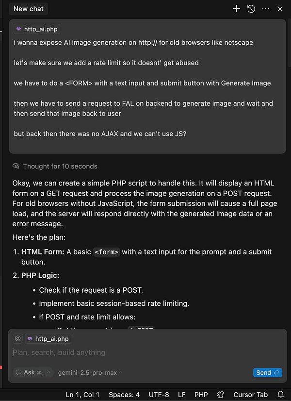 The image displays a chat interface discussing the development of a PHP script for AI image generation compatible with old browsers.