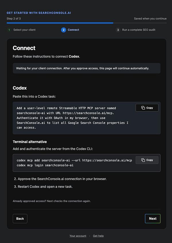 A screenshot of an onboarding wizard interface with five illustrated steps and navigation options.