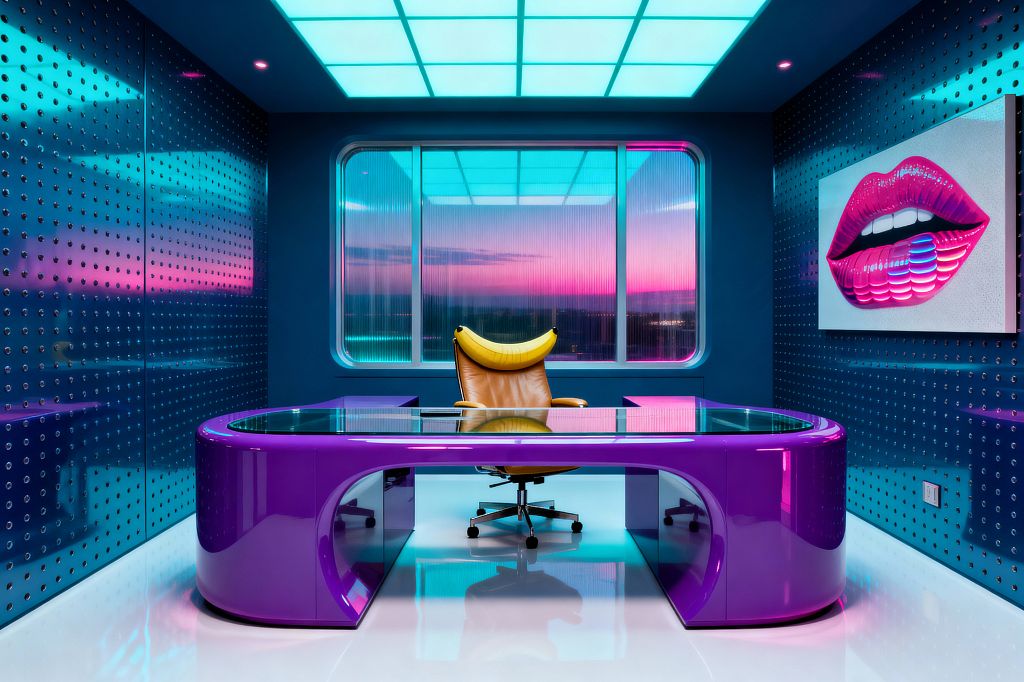 A futuristic home office features a glossy curved purple desk with a glass top, a tan leather swivel chair with a banana-yellow headrest, and deep teal perforated walls under a cyan backlit grid ceiling that reflects across a polished white floor. A ribbed-glass window reveals a pink-to-teal sky, and a large Pop Art canvas of glossy lips adds a bold focal point.