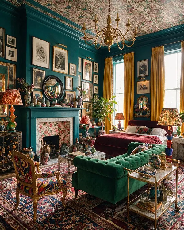 A richly decorated master bedroom with teal walls, a patterned floral ceiling, and a brass chandelier. The room features a burgundy velvet bed, a deep green tufted sofa, framed artwork covering the walls, mustard drapes, ornate lamps, a carved chair, and a layered vintage rug.