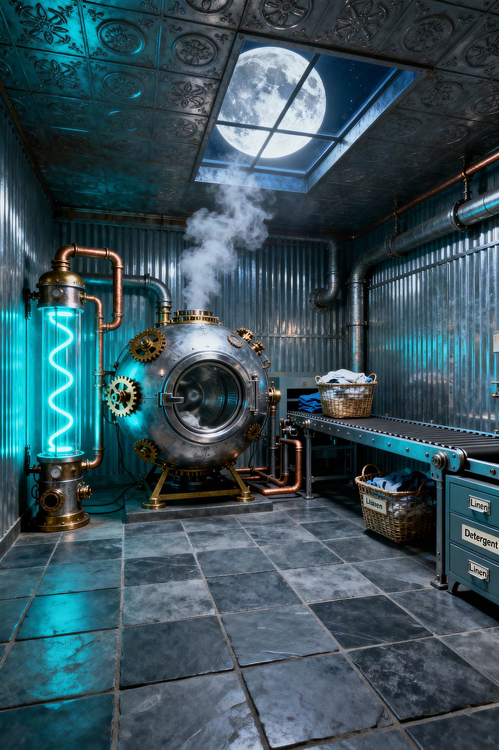 An industrial steampunk laundry room with corrugated metal walls and a pressed-tin ceiling features a skylight framing a bright full moon. Center stage is a spherical, riveted washing machine with brass gears and copper pipes emitting steam, flanked by a neon aqua glass tube; a riveted conveyor with labeled drawers and wicker baskets runs along the right over charcoal slate flooring, lit by cool moonlight and teal glow.