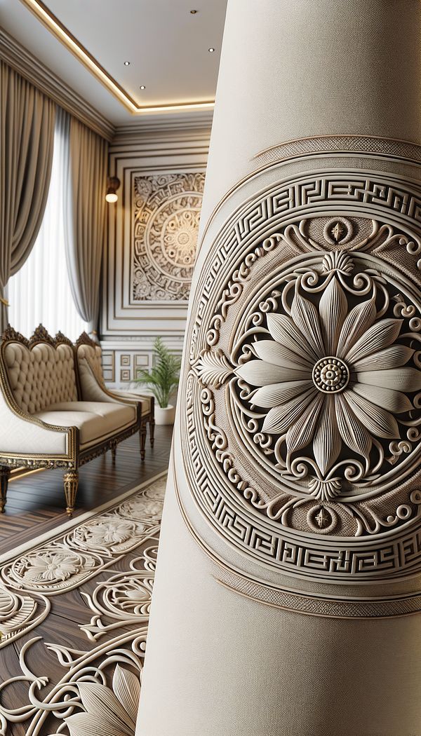 A detailed pattern incorporating the palmette motif, elegantly adorning a piece of furniture or textile, set in a tastefully designed interior space.