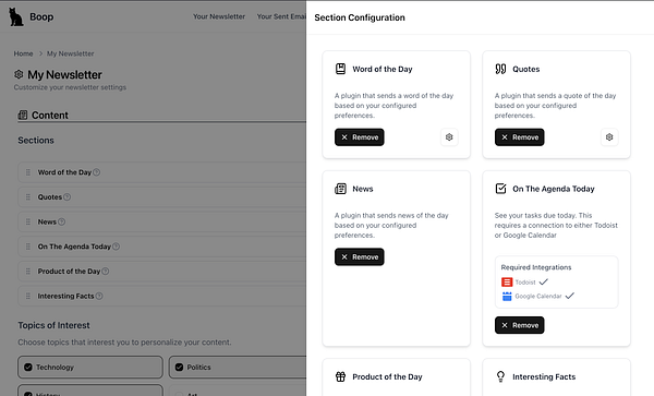 The image displays a user interface for configuring newsletter sections and topics of interest.