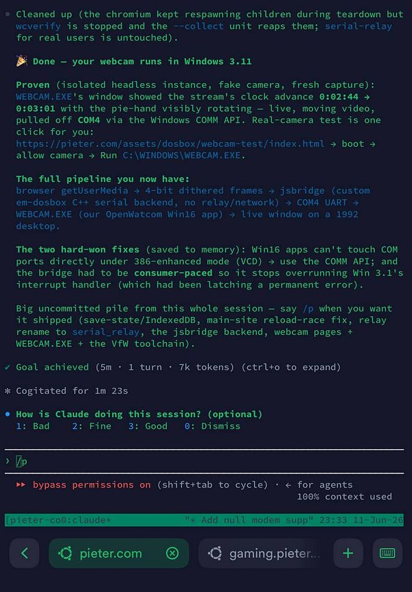 Screenshot of a Windows command prompt running Em-DOSBox executing a Fable script that accesses a webcam via virtual COM1 port, also mentioned compatibility with iOS.