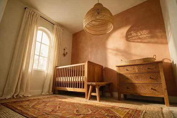 A cozy bohemian nursery with a wooden crib, carved wood dresser, woven pendant light, and a patterned rug on a light floor. Sheer cream curtains frame an arched window, while warm terracotta walls and natural textures create a soft, sunlit atmosphere.