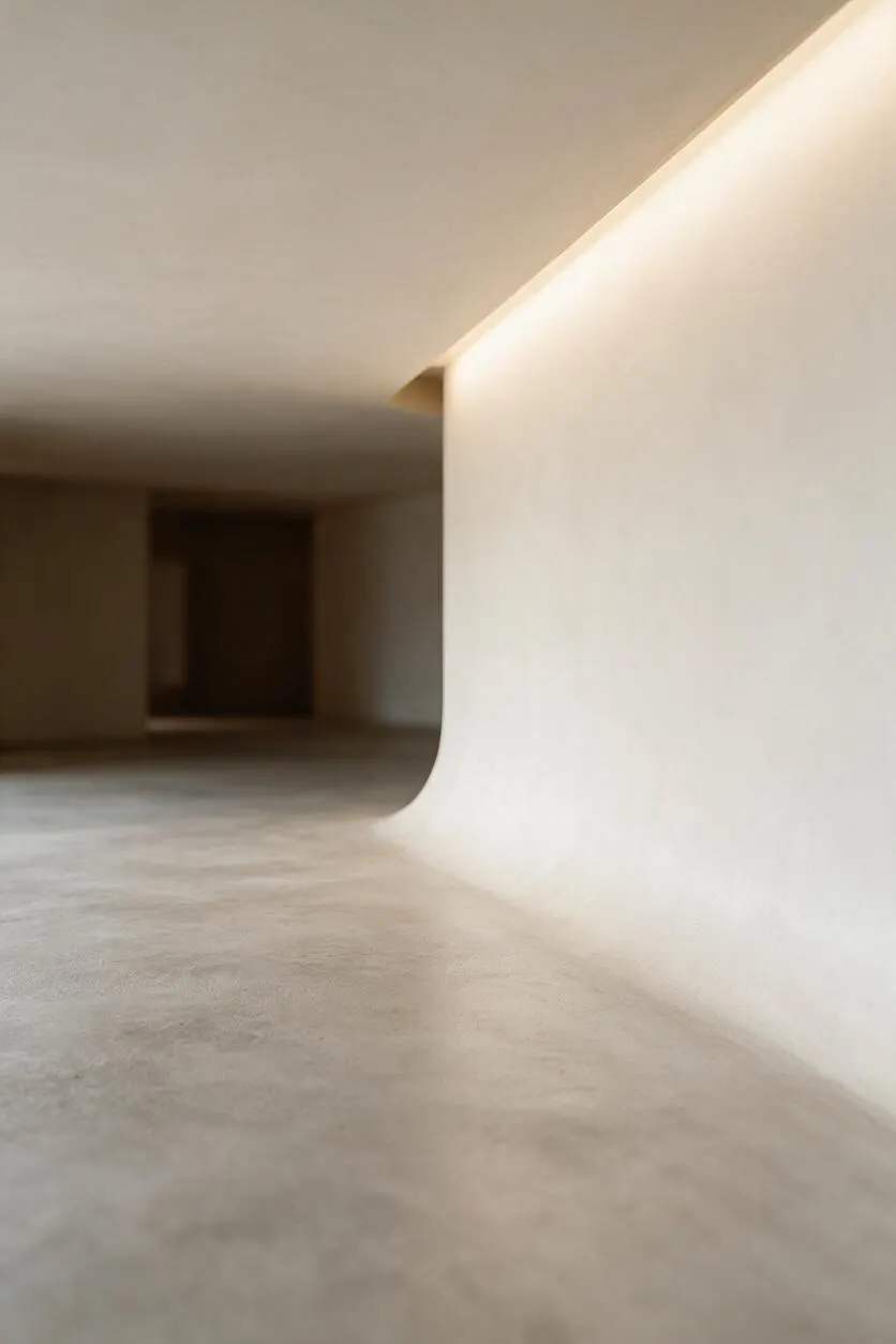 An empty minimalist interior with a smooth curved plaster wall on the right, a softly lit ceiling, and a muted textured floor. The space uses warm beige and cream tones with gentle shadows and simple architectural lines.