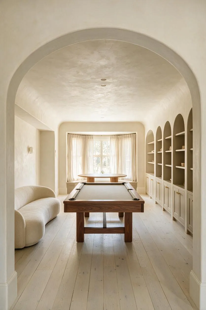 A serene game room with a central wooden pool table, a curved upholstered sofa on the left, and built-in arched shelving with cabinets on the right. Soft cream walls, pale wood flooring, sheer curtains, and a rounded archway create a warm Organic Modern atmosphere.