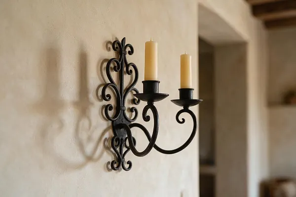 A black wrought iron wall sconce with two curling arms holds tall cream taper candles against a warm beige plaster wall. The ornate scrollwork and simple candles create a classic Mediterranean look.