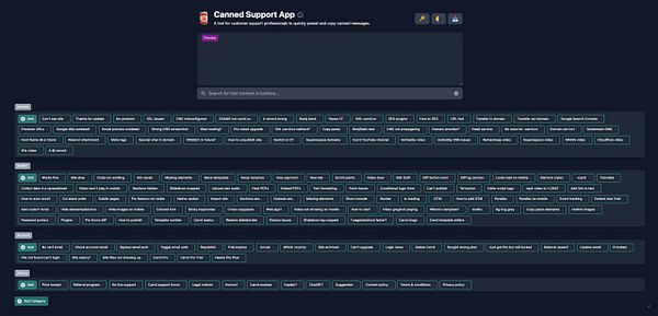 The image displays a user interface for the Canned Support App, showcasing various preset messages for customer support.