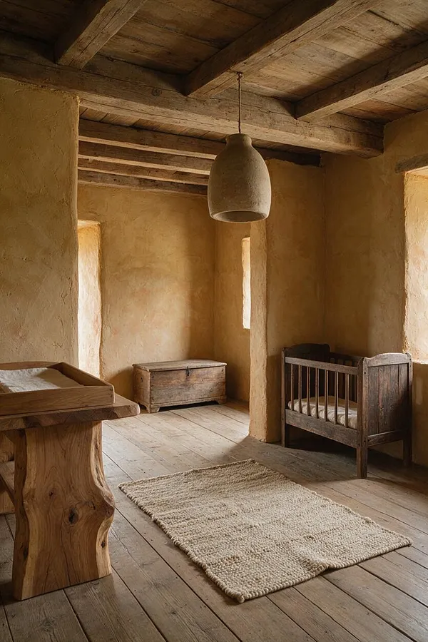 A serene nursery with rough plaster walls, exposed timber ceiling beams, and wide plank wooden floors. The room includes a vintage wooden crib, a simple wood chest, a natural fiber rug, and a sculptural wooden changing table, all in warm earthy tones.