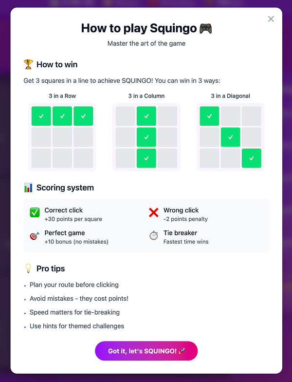 A tutorial dialog for the game 'Squingo' detailing how to play and scoring rules.