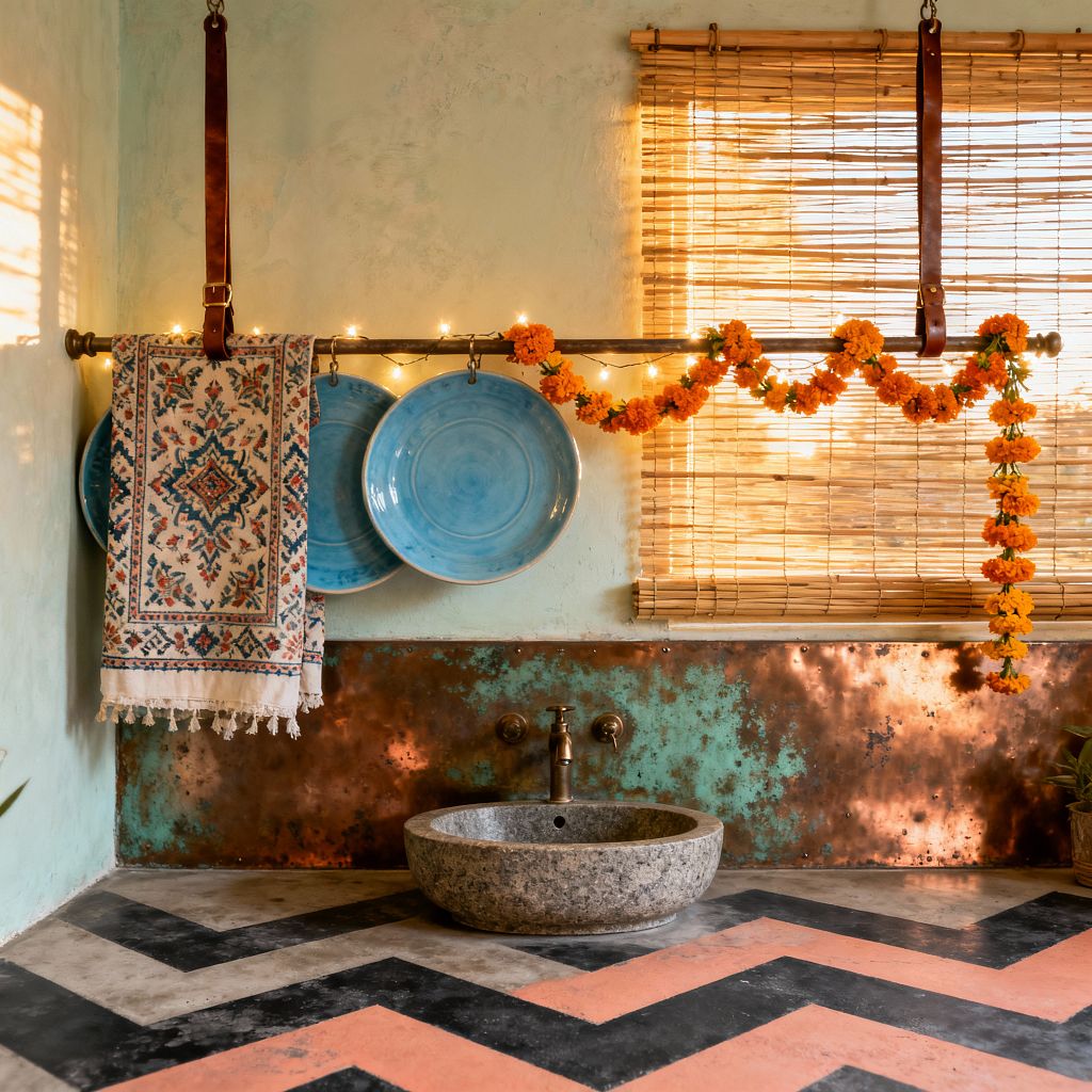 A bohemian laundry corner features a round gray stone vessel sink before a mottled copper backsplash with turquoise patina and a wall-mounted brass faucet. A bamboo shade filters warm light onto a leather-suspended rail holding a fringed patterned towel, two blue glazed basins, and fairy lights with orange marigold garland, while mint plaster walls and a salmon-and-charcoal chevron floor complete the handcrafted look.