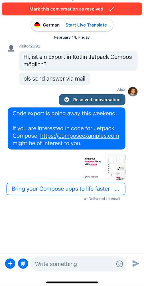 A chat interface displaying a conversation about Kotlin Jetpack Combos and code export.