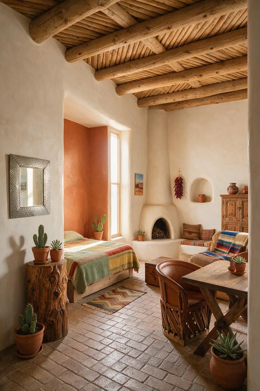 A cozy Southwestern-style studio apartment with white adobe walls, exposed wooden ceiling beams, and a terracotta tile floor. The space includes a low bed, a small dining table with leather chairs, a kiva-style fireplace, potted cacti, woven textiles, and rustic wood furniture in warm earthy tones.
