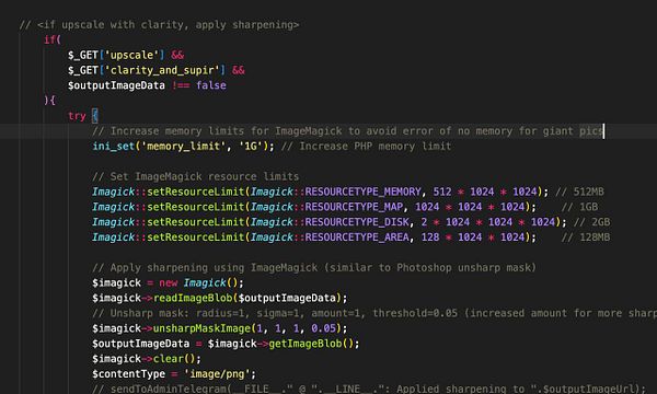 The image displays a code snippet addressing an ImageMagick memory error for processing large images.