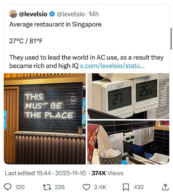A tweet showcasing the average temperature in a Singapore restaurant, featuring a neon sign and temperature displays.