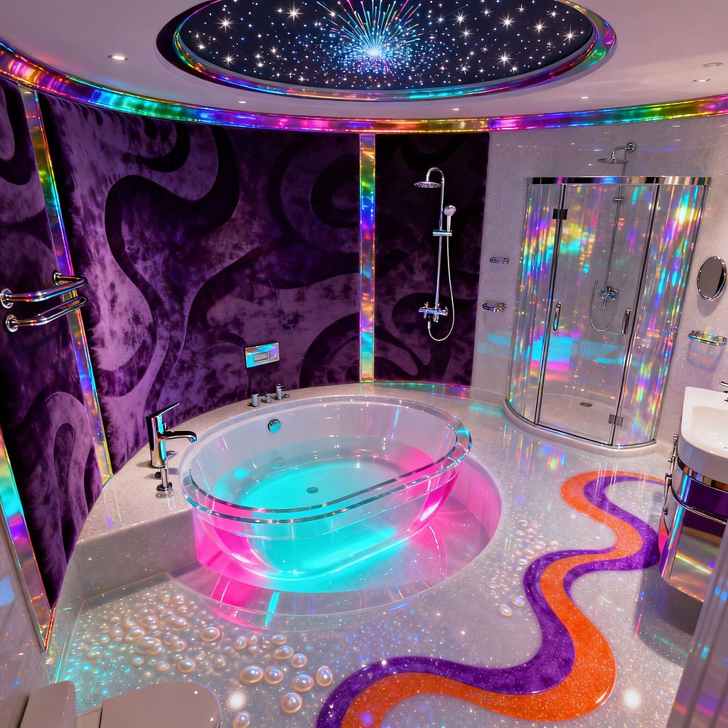 A psychedelic bathroom centers on a transparent oval soaking tub lit in pink and teal, set on a glittering epoxy floor dotted with pearl-like domes and a wavy orange-and-purple inlay. Deep violet, velour-look walls with swirling patterns and rainbow LED trim frame a round fiber-optic star ceiling, while a curved glass shower, chrome fixtures, a white vanity with glossy purple fronts, stacked towel bars, and a partially visible toilet complete the scene.