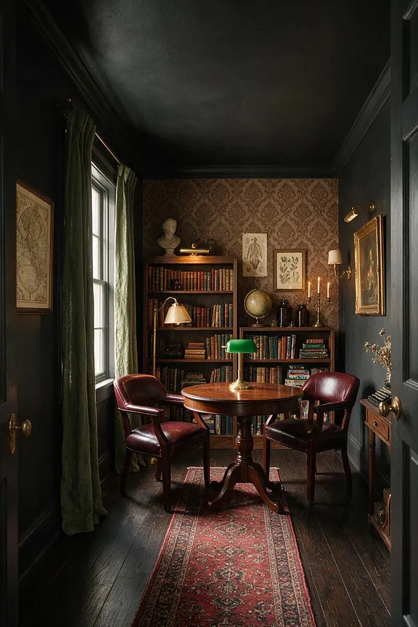 A narrow dark academia game room with black walls, a dark wood floor, and a patterned red runner leading to a round wooden table with two burgundy leather chairs. A bookshelf filled with old books, a green banker’s lamp, framed botanical art, a globe, candles, and deep green curtains by the window complete the scholarly atmosphere.